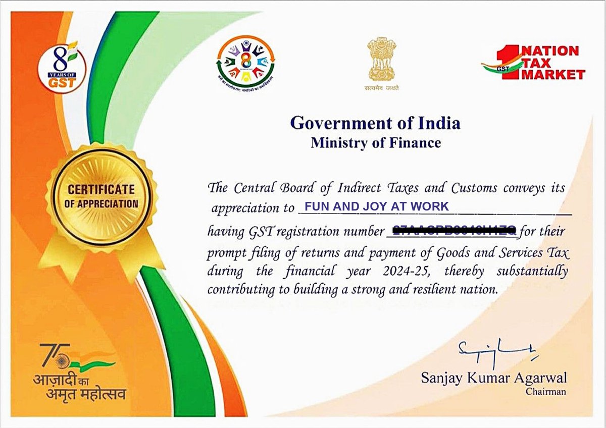🏅 Proud Moment for FUN AND JOY AT WORK! 🇮🇳

We are honored to receive a Certificate of Appreciation from the Government of India – Ministry of Finance, acknowledging our prompt filing and payment of GST for the financial year 2024–25. ✅

#MinistryOfFinance