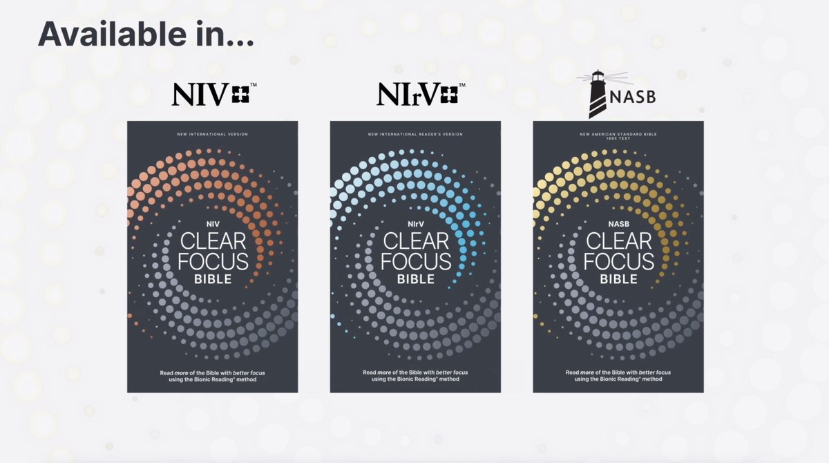 bionicreading's tweet image. 🔥The Bible, the world’s best-selling book, is now available with Bionic Reading®.
There are 5 versions of the “Clear Focus Bible”, which are offered as an analog or digital book: NIV, NIrV, NIrV for Kids, NASB, NVI (Spanish).
➔August 12, 2025.

Made in🇨🇭
bionic-reading.com