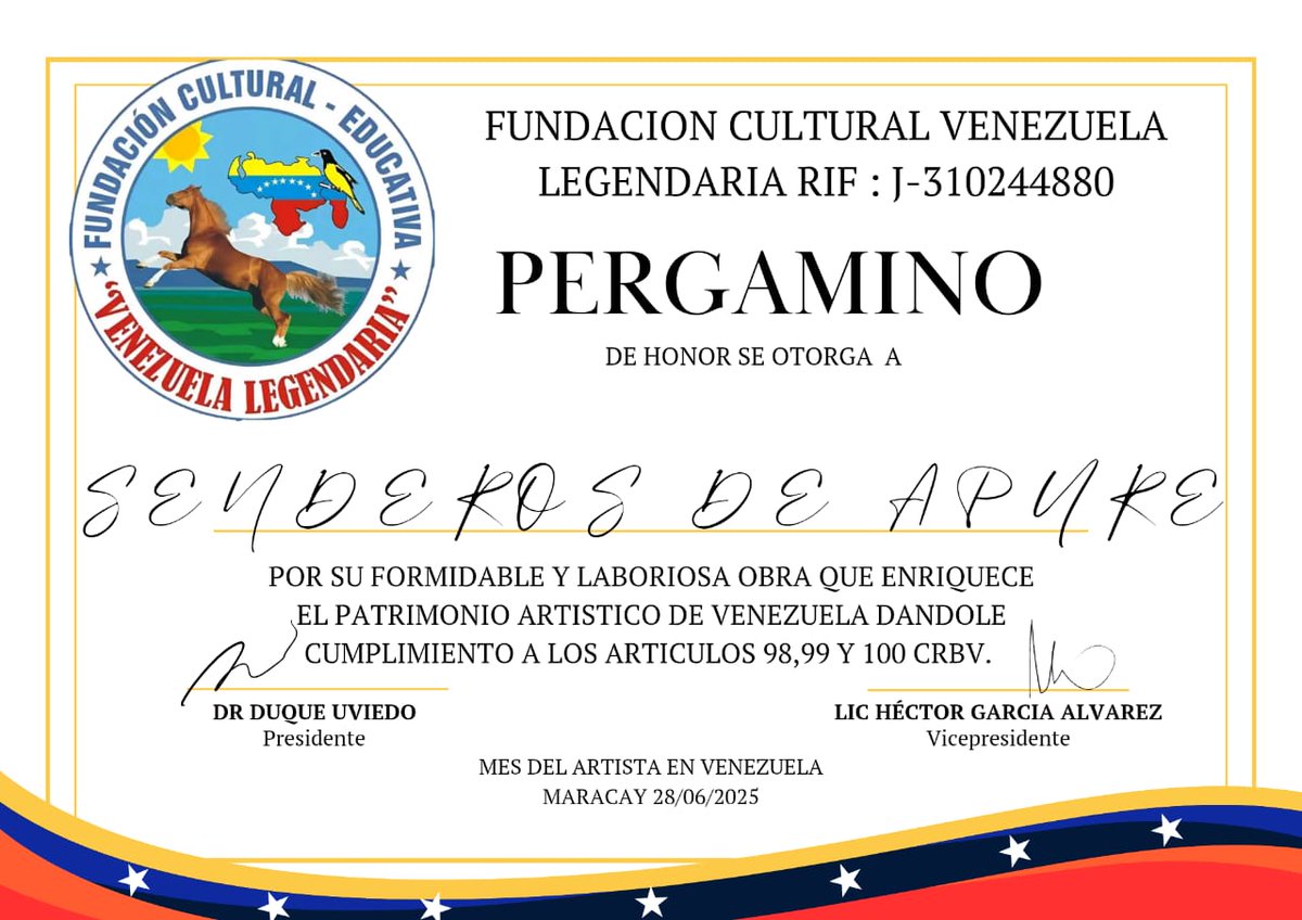 Gracias a la fundación Venezuela Legendaria radicada en el estado Aragua en Venezuela por este diploma de reconocimiento a Senderos de Apure  web y radio digital.
senderosdeapure.net