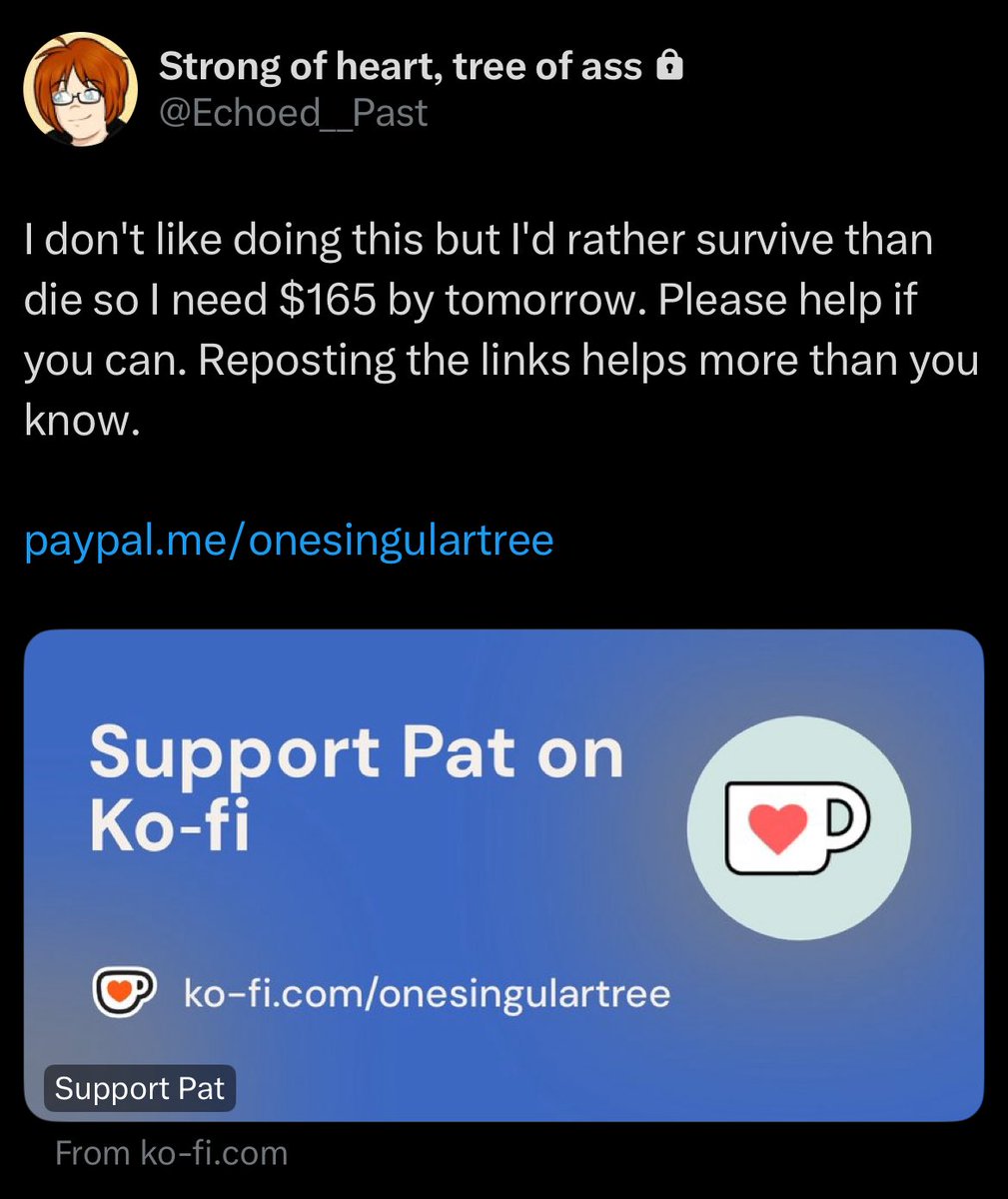 skrai ☾ .* (@skrai_26) on Twitter photo help if you can. if not, please spread the word
<a href="/Echoed__Past/">Strong of heart, tree of ass</a>
paypal.me/onesingulartree help if you can. if not, please spread the word
<a href="/Echoed__Past/">Strong of heart, tree of ass</a>
paypal.me/onesingulartree