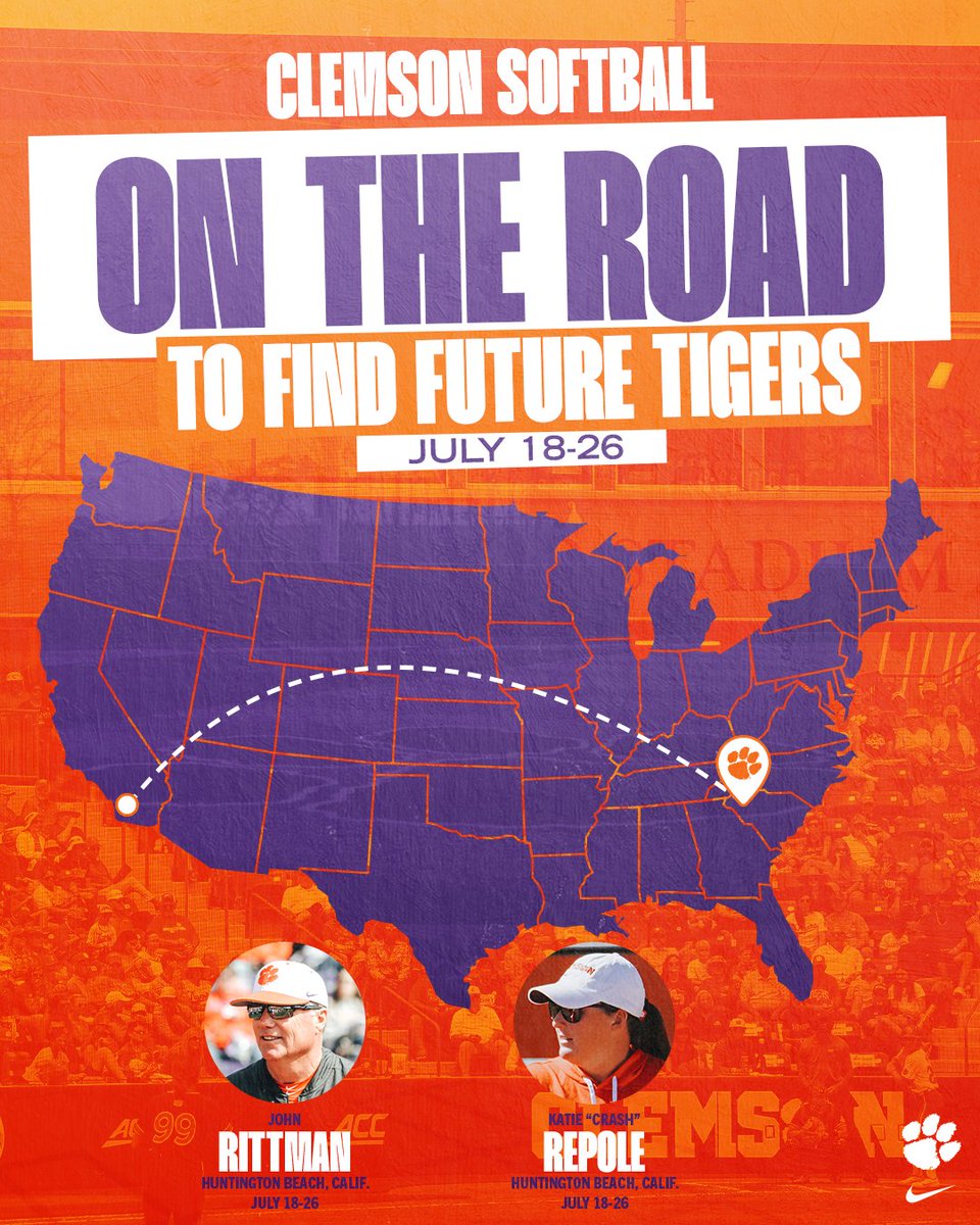 clemsonsoftball's tweet image. Looking for some West Coast Tigers ✈️
Coach Rittman & Coach Repole are heading to California to find the next Tigers