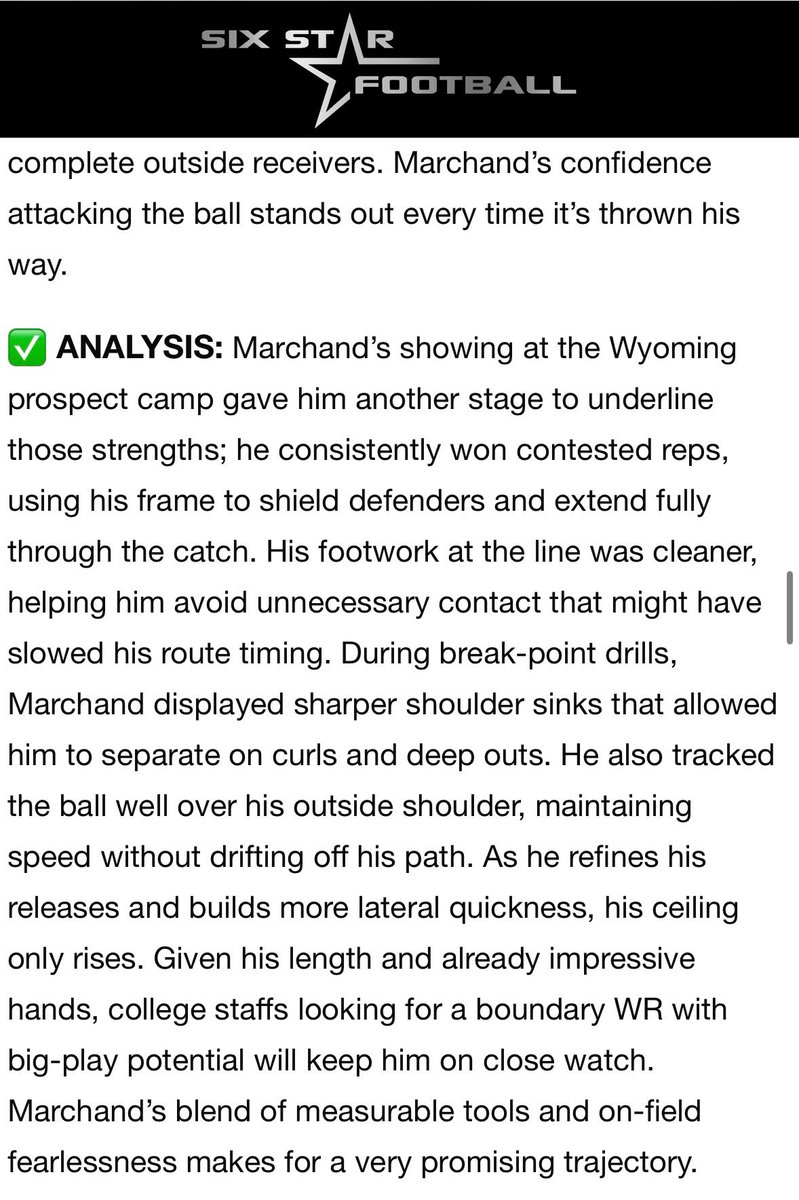 Kellen Marchand @KellenMarchand6 -WR 6’4” 182lbs (@kellenmarchand6) on Twitter photo I appreciate <a href="/sixstarfootball/">Six Star Football | PLUS+</a> for the great right up/evaluation it means a lot and <a href="/wyo_football/">Wyoming Cowboy Football</a> for allowing me to compete and learn from some of the best ! <a href="/Bouknows9/">Coach Jovon Bouknight</a> <a href="/LegendHSFB/">Legend High School Football</a> <a href="/jtheaps9/">Jake Heaps</a> I appreciate <a href="/sixstarfootball/">Six Star Football | PLUS+</a> for the great right up/evaluation it means a lot and <a href="/wyo_football/">Wyoming Cowboy Football</a> for allowing me to compete and learn from some of the best ! <a href="/Bouknows9/">Coach Jovon Bouknight</a> <a href="/LegendHSFB/">Legend High School Football</a> <a href="/jtheaps9/">Jake Heaps</a>