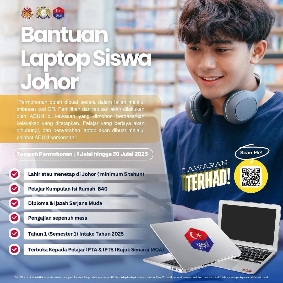 KakAzahOfficial's tweet photo. 💻 BANTUAN LAPTOP SISWA JOHOR – TAWARAN TERHAD!

📢 Permohonan kini DIBUKA mulai 1 Julai hingga 30 Julai 2025! https://t.co/GnQIz8WL3S