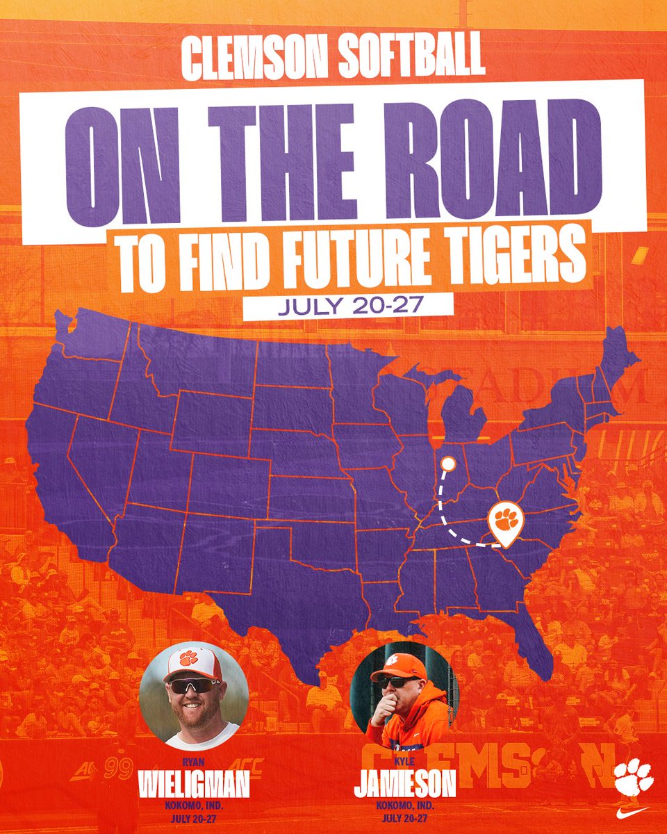 clemsonsoftball's tweet image. On the hunt for the next generation of Tigers 🐾
Coach Jamieson and Coach Wieligman will be in Indiana this week looking for future Tigers