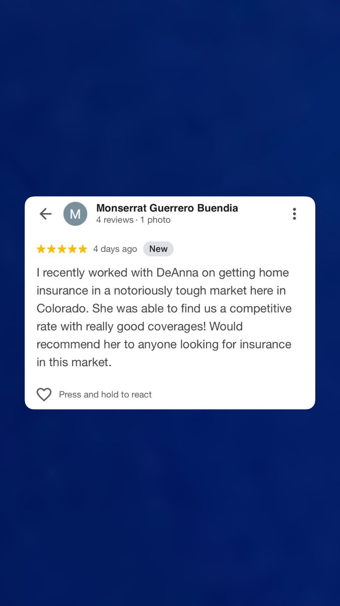 DeAnnasellsins's tweet image. Thank you to my amazing clients for trusting me with your insurance needs. 💙 Your feedback means everything! ⭐️⭐️⭐️⭐️⭐️

Call or Text me for a quote!  (720) 989-3688☎️

#denverinsurance #denverinsurancebroker