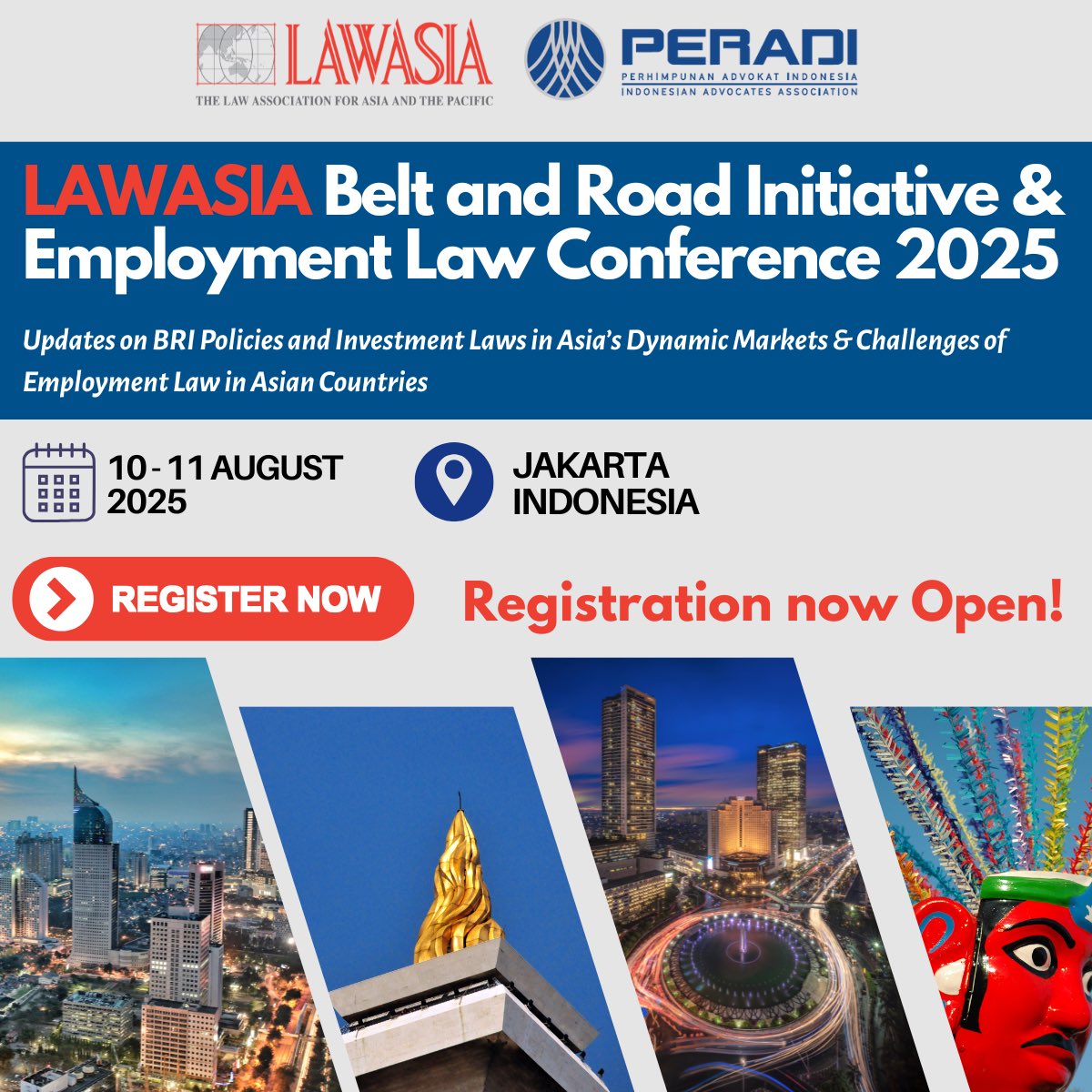 📢 Registrations are OPEN for the LAWASIA Belt and Road &amp; Employment Law Conference 2025!
📍 Jakarta | 10–11 Aug 2025
🌏 Connect, collaborate &amp; discuss key legal issues shaping Asia’s future.
🔗 Info &amp; register: peradi.or.id/lawasia-confer…
#LAWASIA2025 #LegalConference #Jakarta2025