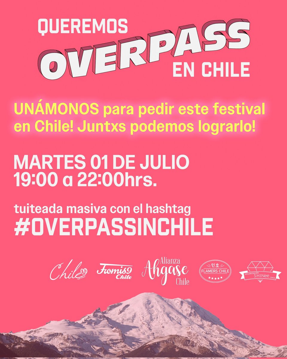 ChileAhgase's tweet photo. ¡QUEREMOS OVERPASS EN CHILE! Queremos que #KAI de @weareoneEXO, #MINHO de @SHINee, #MARKTUAN y #YOUNGJAE de @GOT7 y @realfromis_9 vengan!

Les convocamos a una TUITEADA MASIVA en X
📆  MARTES 01
⏰ De 19 hrs. hasta  22 hrs.

🏷️ Usemos el tag # OVERPASSinCHILE y seamos tendencia! https://t.co/Ke74iNlNBv