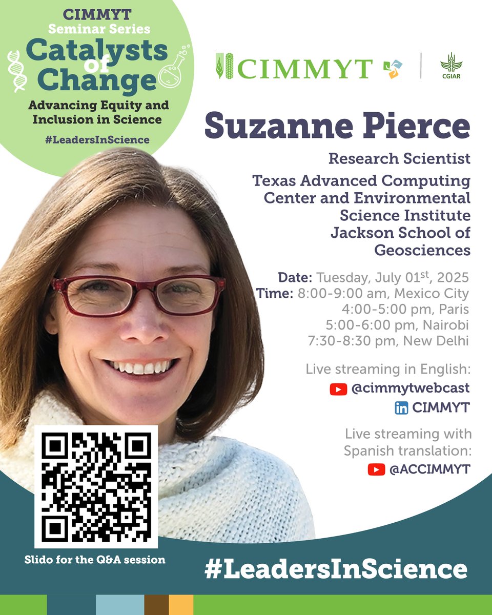 bramaccimmyt's tweet photo. The next session of @CIMMYT's #CatalystsofChange will feature Suzanne Pierce, a Research Scientist at the Texas Advanced Computing Center @TACC.
Join us to learn about her journey in Intelligent Decision Support Systems, AI-enabled Modeling, Participatory Modeling, & much more. https://t.co/tcKAVZ0bTz