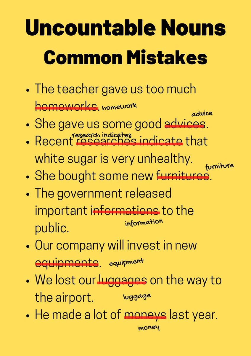 tedielts's tweet image. Here are some more uncountable nouns that people struggle to use correctly.👇