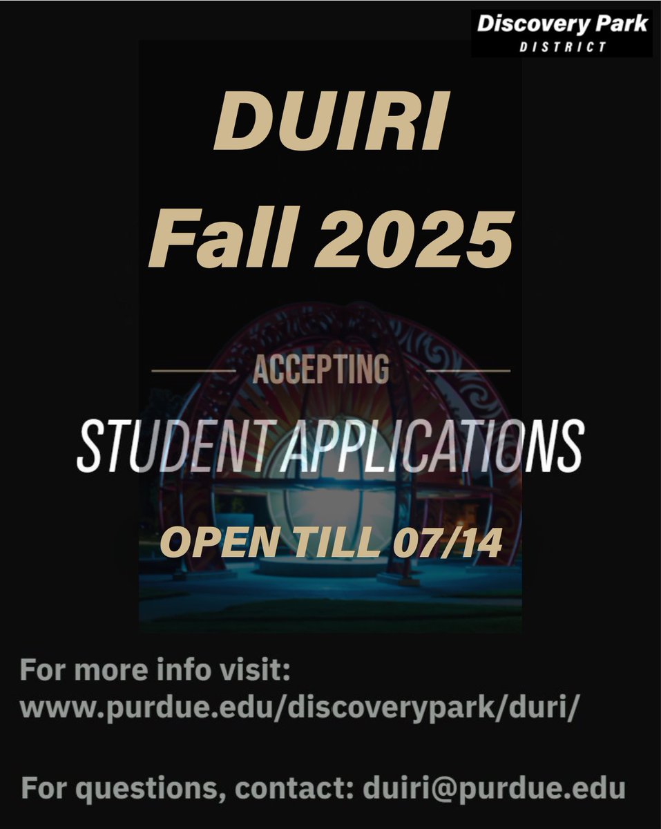 Purdue Undergraduate Research (@purdueour) on Twitter photo The Discovery Undergraduate Interdisciplinary Research Internship (DUIRI) Program accepts fall 2025 student applications! Purdue students in WL and Indy with GPA of 3.0+ can apply for up to three projects. $1,000 scholarship. Deadline: July 14. Apply: purdue.edu/discoverypark/… The Discovery Undergraduate Interdisciplinary Research Internship (DUIRI) Program accepts fall 2025 student applications! Purdue students in WL and Indy with GPA of 3.0+ can apply for up to three projects. $1,000 scholarship. Deadline: July 14. Apply: purdue.edu/discoverypark/…