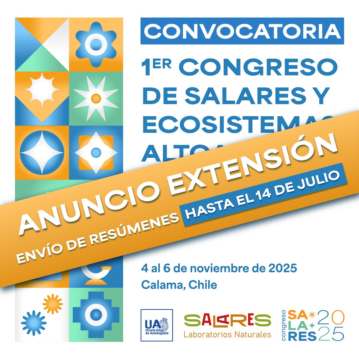 Salares_lab's tweet photo. ¡Atención! 🌟

Extendimos el plazo para el envío de resúmenes al I Congreso de Salares y Ecosistemas Altoandinos 🏔️

Tienes hasta el 14 de julio para postular tu trabajo en alguna de nuestras áreas temáticas📚

scríbete en el link: https://t.co/AjZ8hFHMHA 👈🏼

#Salares2025 https://t.co/07TvGHucx8