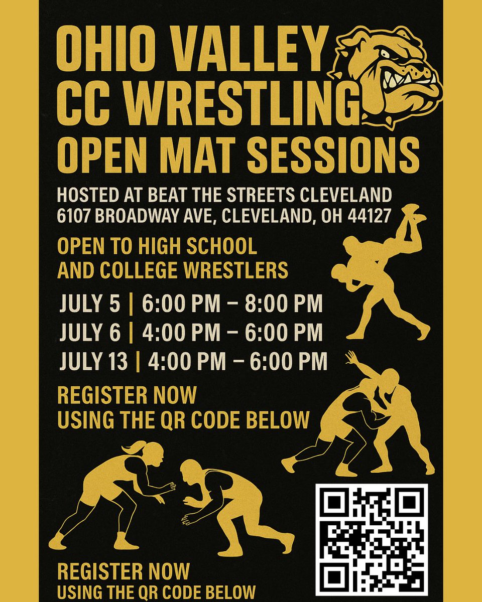 OVCCWrestling's tweet image. 🔥 Unsigned Wrestlers — Pull Up!
Ohio Valley CC Open Mats at Beat the Streets CLE:
📅 July 5 | 6–8PM
📅 July 6 &amp;amp; 13 | 4–6PM
📍 6107 Broadway Ave, Cleveland
🎯 Scan the QR or DM to register!
#OVCCWrestling #UnsignedHype #OpenMat #WrestlingRecruiting