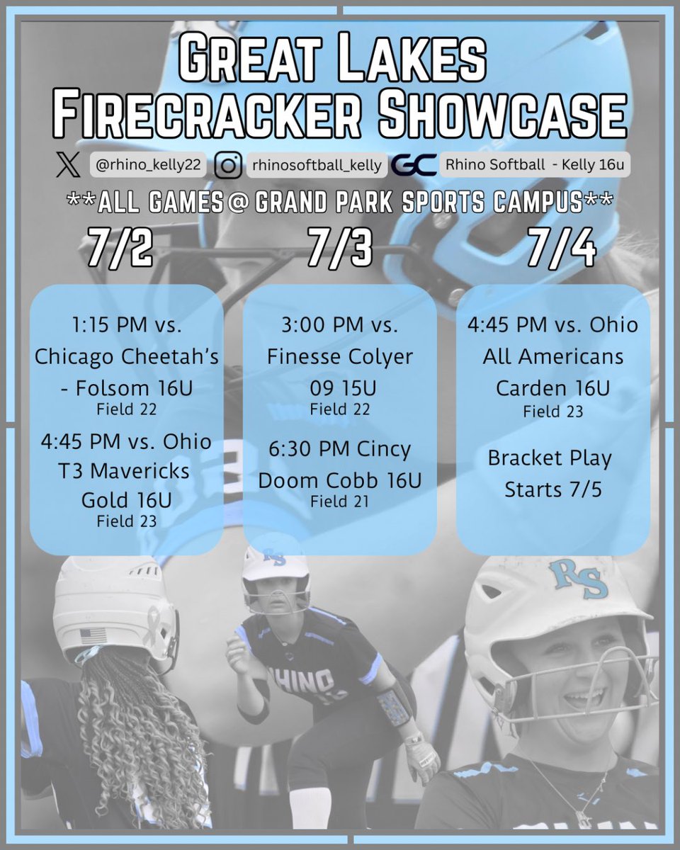 Marie Marcum (Uncommited) (@marie_gm2027) on Twitter photo Back on the road for the Great Lakes Firecracker Showcase! Here’s our schedule for the week! <a href="/rhino_kelly22/">Rhino Softball - 16u Kelly</a> <a href="/rhino_softball/">Rhino Softball</a> <a href="/FGS_softball/">FLATGROUND Softball</a> Back on the road for the Great Lakes Firecracker Showcase! Here’s our schedule for the week! <a href="/rhino_kelly22/">Rhino Softball - 16u Kelly</a> <a href="/rhino_softball/">Rhino Softball</a> <a href="/FGS_softball/">FLATGROUND Softball</a>
