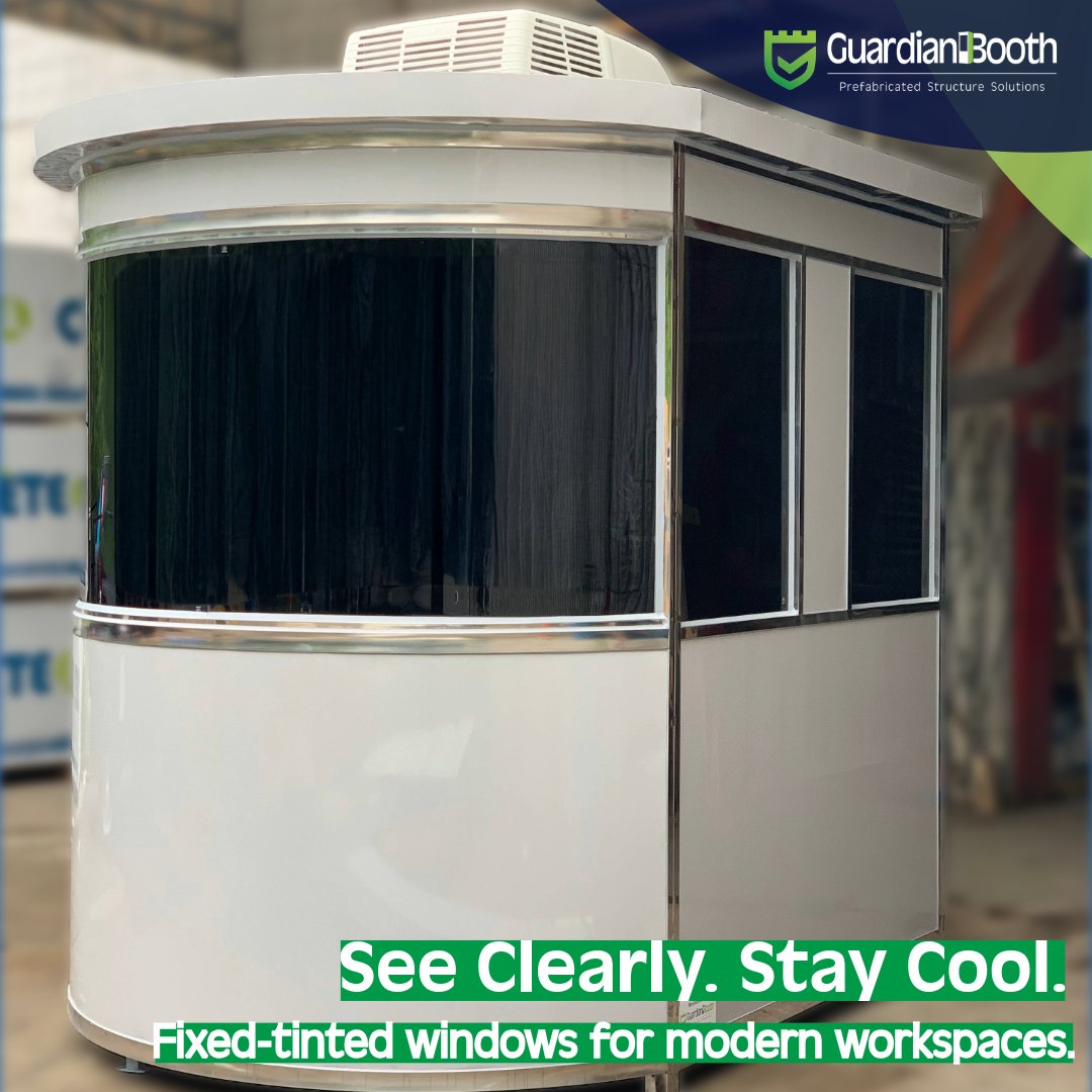GuardianBooth's tweet photo. Need maximum visibility without the glare?
 Our fixed-tinted window booths deliver a sleek look and better visibility for your team — day or night.
 🕶️ Style. Shade. Security.
 #SecuritySolutions #TintedWindowBooth https://t.co/ErRRVik80q