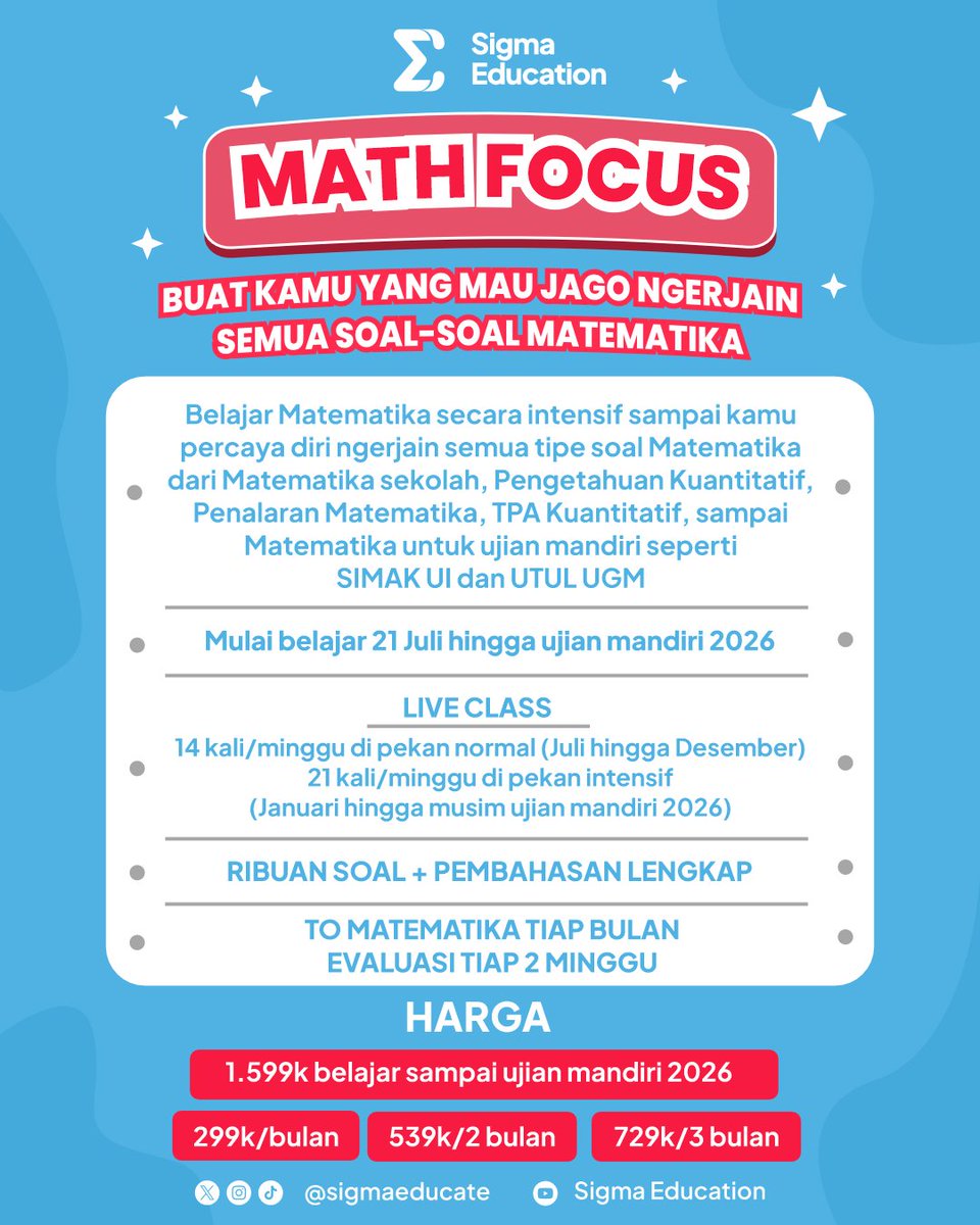 sigmaeducate's tweet photo. MATH FOCUS (belajar Matematika intensif) 🧮

Diajari dari dasar sampai jago (latihan soal dan evaluasi rutin) ✅️
Request soal-soal untuk dibahas di live ✅️
Live class + record ✅️

Harga normal bimbingan sampai ujian mandiri 2026 Rp1.599.000 diskon 21% menjadi Rp1.263.210 💸 https://t.co/g1KWU1H2rZ