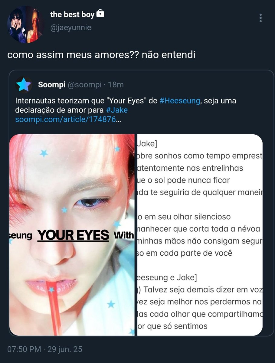 #heejake au | Your Eyes

Heeseung acabou escrevendo uma canção declarando seu amor para Jake e ainda por cima o chamou para colaborar na mesma, mas por ironia do destino seus fãs começaram a achar estranho e identicar cada trecho da letra