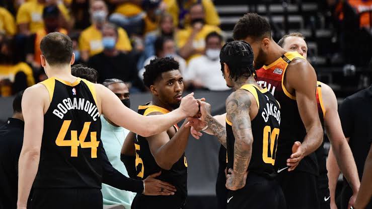 The 2021 Utah Jazz:

Donovan Mitchell - Cleveland
Rudy Gobert - Minnesota
Mike Conley - Minnesota
Bojan Bogdanovic - Retired
Royce O’Neale - Phoenix
Jordan Clarkson - New York
Joe Ingles - Minnesota
Georges Niang - Boston