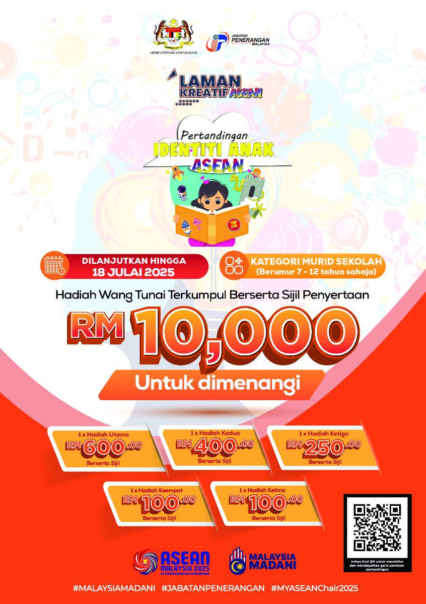 JPenerangan's tweet image. 🎤✨ Ada cita-cita hebat? Jom kongsikan!

Pertandingan Identiti Anak ASEAN kini DILANJUTKAN hingga 18 Julai 2025!

📚 Berceritalah tentang cita-cita kerjaya impian anda berinspirasi daripada tokoh negara 🇲🇾 atau pemimpin ASEAN 🌏