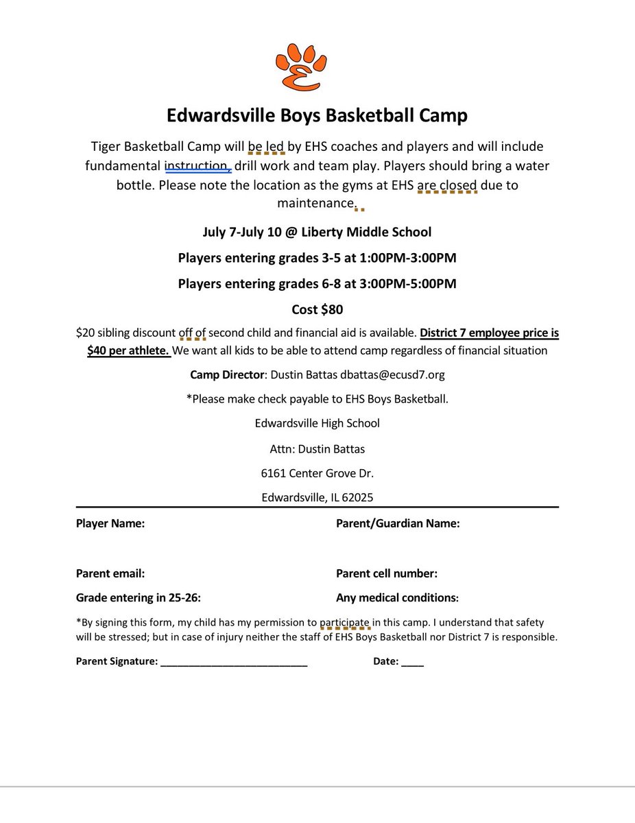 Kid’s camp is just around the corner, July 7-10! We will take walk up registrations but feel free to email Coach Battas to add your son to our list. 🐯🏀Dbattas@ecusd7.org.
