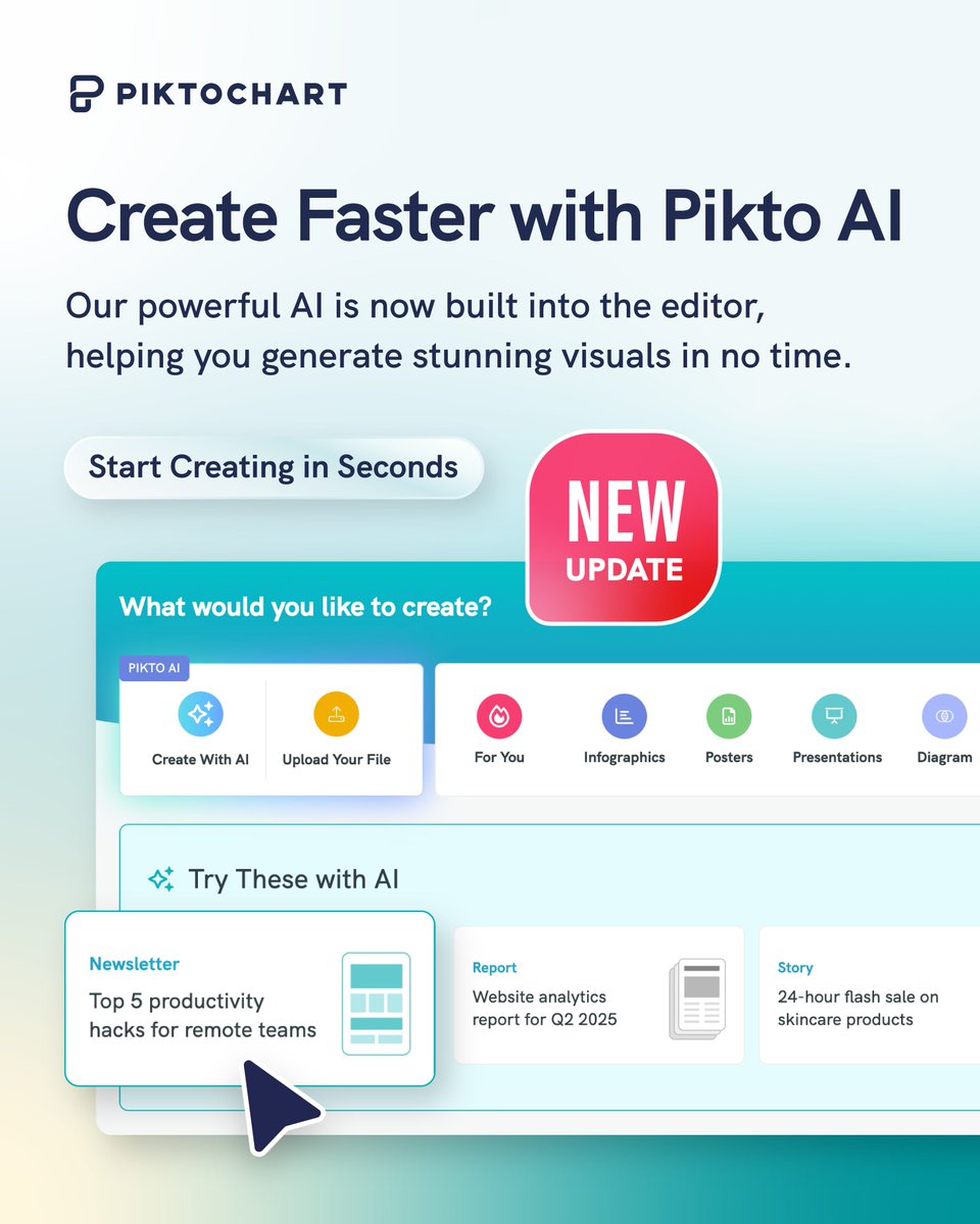 Pikto AI is now built into your workspace. No more tab switching, no lost momentum.

✨ Generate visuals with just a prompt
🧠 Try sample prompts from the dashboard
🎯 One-click access, right from your editor

Start creating → piktochart.com