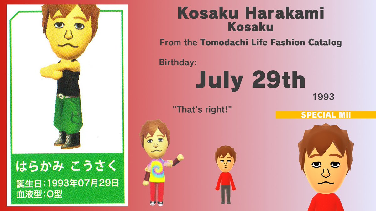 Today, July 29th (2025), is Kosaku Harakami's birthday. Also known as Kosaku, he is a Special Mii from the Tomodachi Life Fashion Catalog. Born in 1993, he was 19 years old at the date of publication! He turns 32 today! miilibrary.com/ALL/SPECIAL/tl…