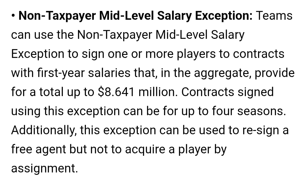 SyGallimore's tweet photo. @OMagicDaily @goodydrumdrops @zerojuantwo3 It did not exceed the non-taxpayer mid-level exception, which is different than the taxpayer mid-level exception. That's the condition that matters in this scenario. https://t.co/PDWHl5e1p2