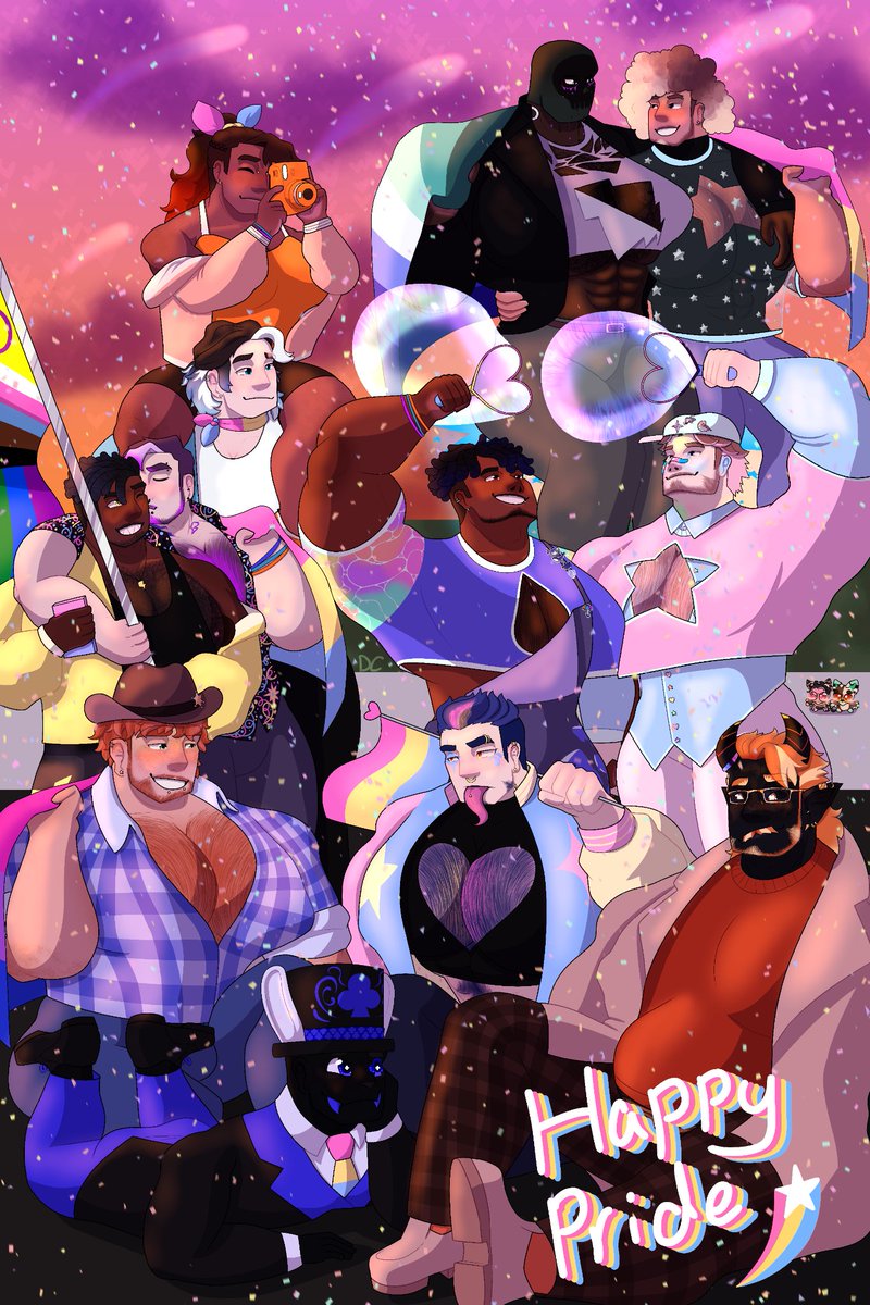 Marcolovesmen's tweet photo. LAST MINUTE PRIDE POST!!!

Decided to focus this year on my boyfriend's setting rather than mine. A good mix of mine and his ocs being fruit cakes.

Happy LAST DAY OF PRIDDDE

Art/Boyfriend: @DevilCatNsfw https://t.co/0oi1yMYfcU