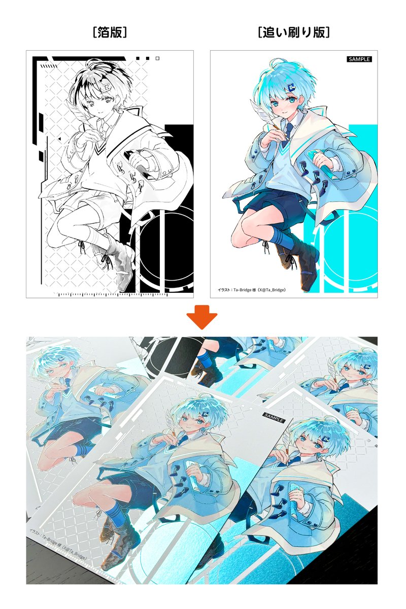 q_bei_p's tweet image. 【Q-beiさんの実験室［箔プリ］✨️】
▶キーカラーを避けつつ、箔プリを最大限に活かす実験！

今回は、輪郭線など部分的に箔を施して、キーカラーの色はそのままに、全体的に箔のキラキラ感を表現！
結果、良い感じに仕上がりました！✨️

箔の表現は無限大！あなたはどこに箔をいれますか？😊