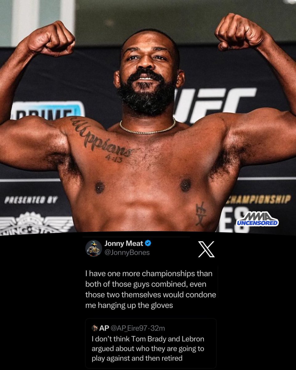 MMA UNCENSORED (@mmauncensored1) on Twitter photo Jon Jones lets Tom Brady and LeBron James know he has more championships than both. Combined.. Jon Jones lets Tom Brady and LeBron James know he has more championships than both. Combined..
