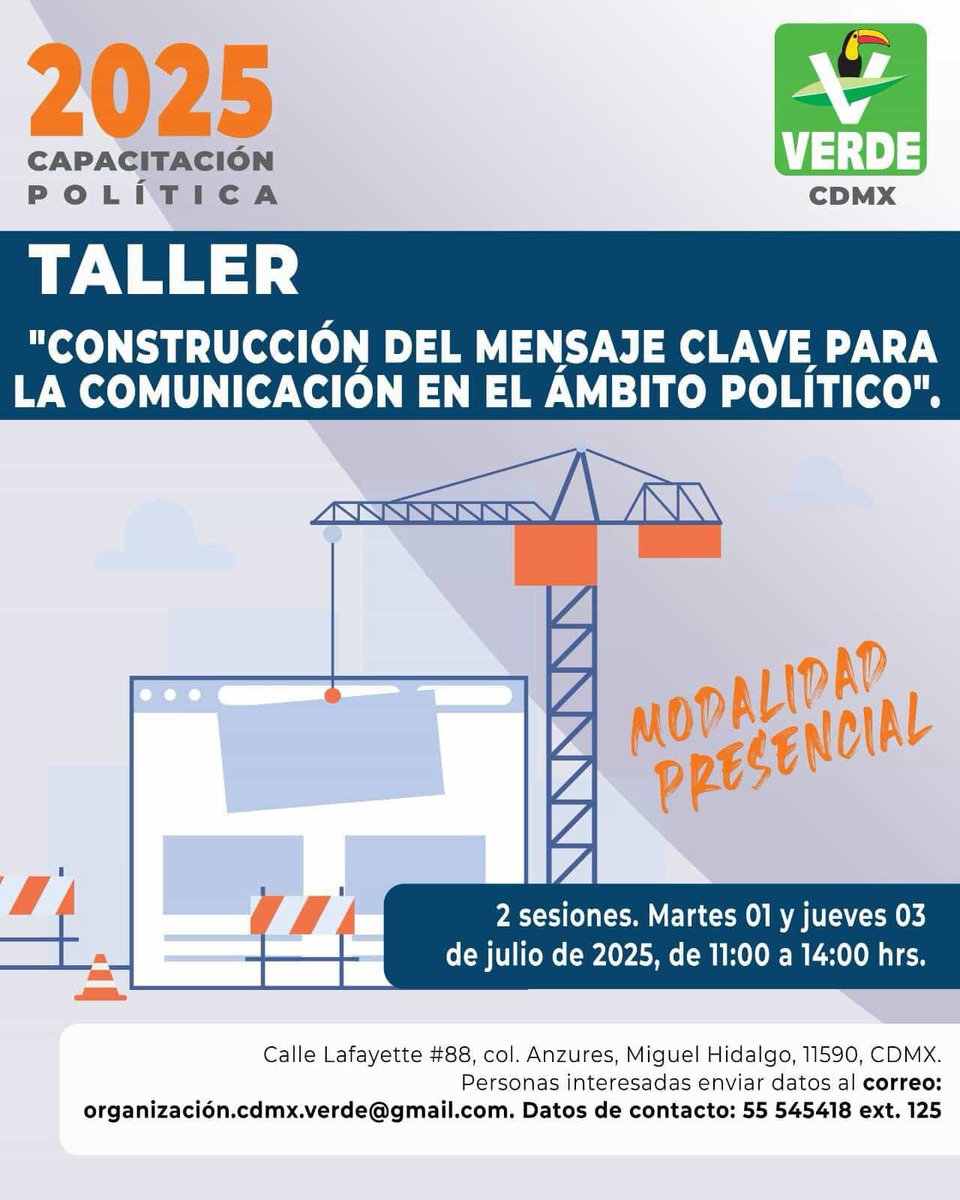 🎯 Taller Presencial: Construcción del Mensaje Clave para la Comunicación en el Ámbito Político

🗓 Fechas: 1 y 3 de julio
🕚 Horario: 11:00 a.m. a 2:00 p.m.
📍 Lugar: Calle Lafayette #88, Col. Anzures, CDMX