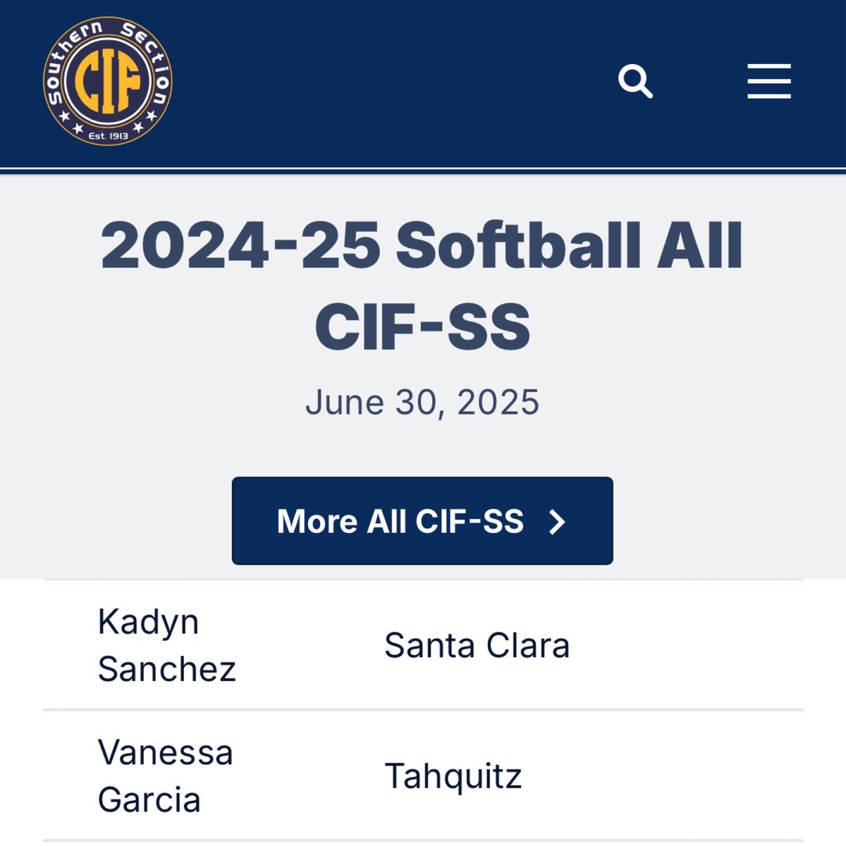 Beyond humbled today. Thank you 🙏🏽 <a href="/CIFSS/">CIF Southern Section</a> for the honor and recognition. 
#AllCIF 

<a href="/SoftballDown/">Down South Softball</a> <a href="/TopPreps/">TOP PREPS @TopPreps | X</a> <a href="/QrRecruiter/">QR RECRUITER</a> <a href="/CoastRecruits/">Coast 2 Coast Recruits</a> <a href="/SoftballRecruit/">Softball Recruit 🥎</a> <a href="/los_stuff/">Carlos Arias</a> <a href="/SBRRetweets/">Softball Recruiting Reposts</a> <a href="/AScholarsBrand/">Athletic Scholars Brand Inc.</a> <a href="/ExtraInningSB/">EXTRA INNING SOFTBALL</a> <a href="/TAProfileAPP/">TAP APP</a> <a href="/LegacyLegendsS1/">Legacy & Legends Softball</a> <a href="/raj_manjrekar/">🏈🏀🎾Highlight_TheAthlete ⚾️🥎⚽️</a> <a href="/ProspectWireSB/">Prospect Wire Softball</a>