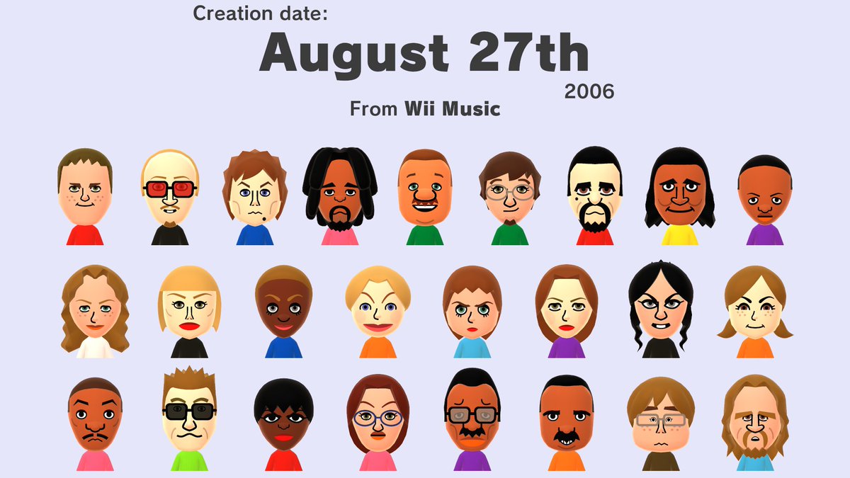 19 years ago today, August 27th (2025), these 25 Miis in Wii Music were created! Using the creation dates found in their Mii data files, we can learn they were made today, in 2006. The order you see here is the order they were made in that day! miilibrary.com/RFL/WiiMusic