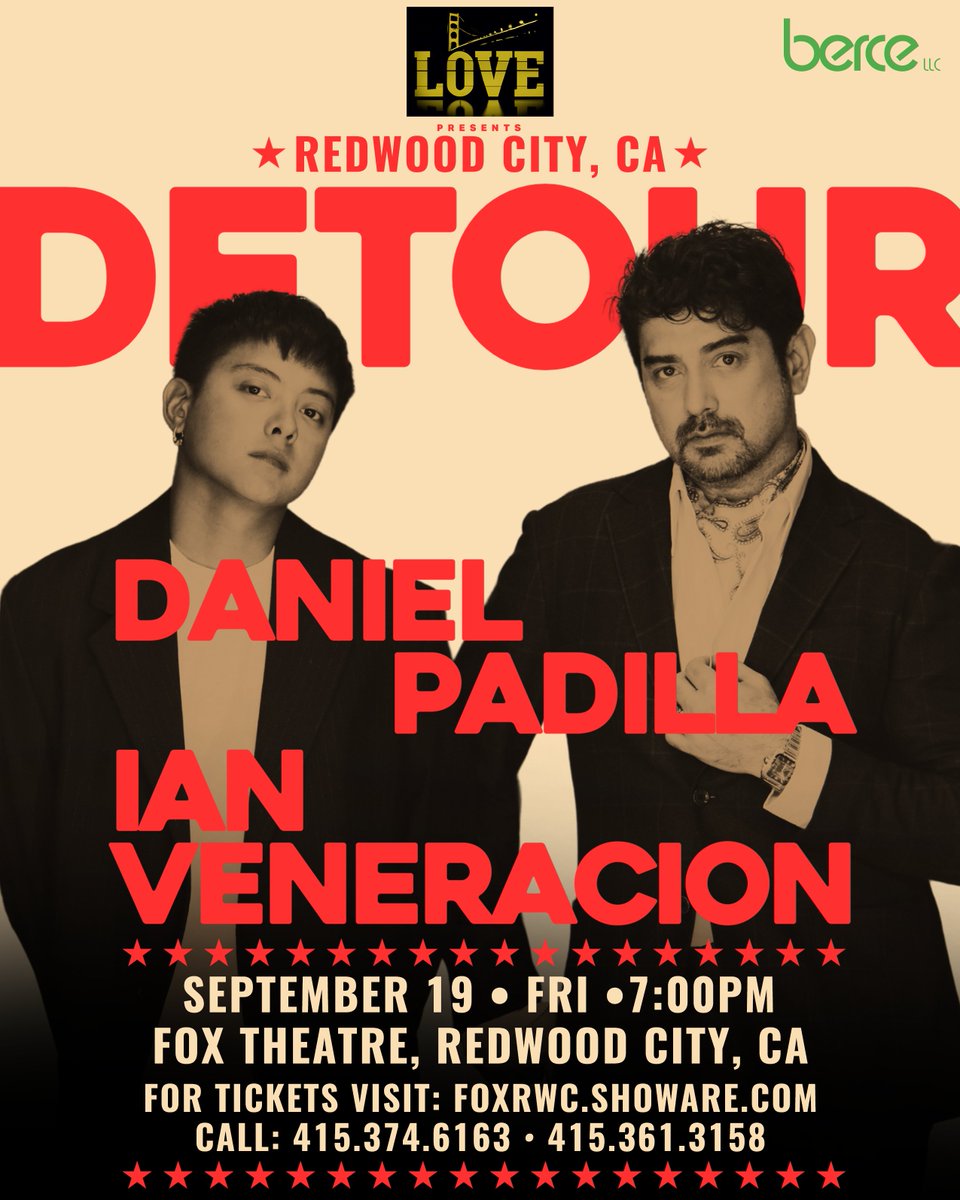 Get ready, Bay Area! Two of the Philippines’ most beloved actor-singers, Daniel Padilla and Ian Veneracion, are teaming up for an unforgettable concert experience!
#Detour2025 #DanielPadilla #IanVeneracion #USTour2025 #Berce #loveProduction #FoxTheatre #RedwoodCity