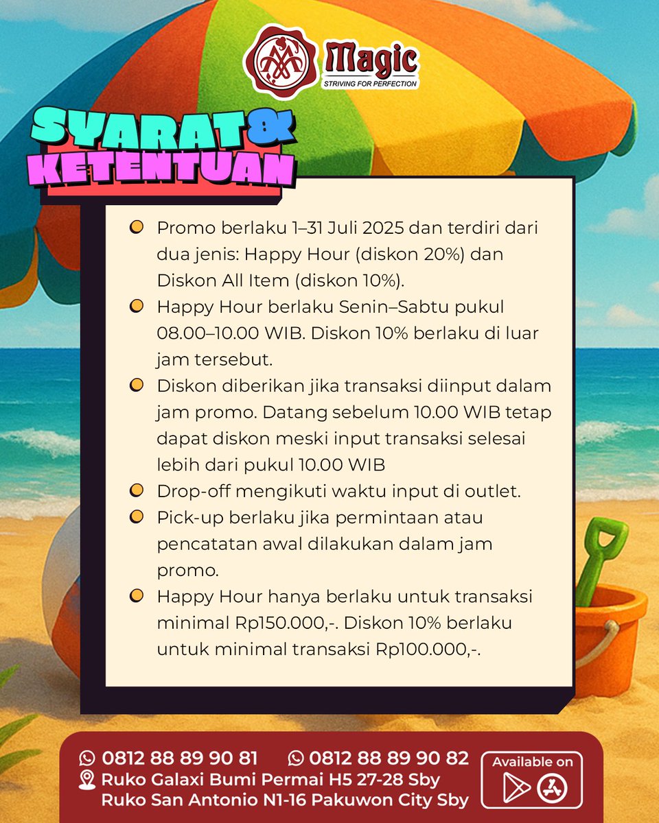 magiclaundry_id's tweet photo. ✨ Promo HAPPY JULY! ✨
Cuci hemat tanpa ribet di Magic Laundry!
🌞 Happy Hour (08.00–10.00 WIB)
Diskon 20% min. transaksi Rp150rb
🌈 Di luar jam: Diskon 10% min. Rp100rb
Berlaku hingga 31 Juli 2025. Syarat dan Ketentuan berlaku.
#LaundryPromo #MagicLaundry https://t.co/VNGefXgKKc