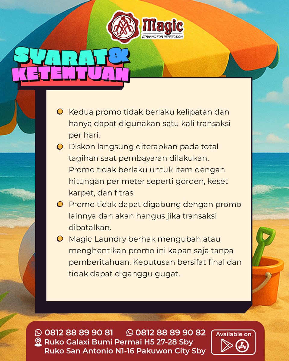 magiclaundry_id's tweet photo. ✨ Promo HAPPY JULY! ✨
Cuci hemat tanpa ribet di Magic Laundry!
🌞 Happy Hour (08.00–10.00 WIB)
Diskon 20% min. transaksi Rp150rb
🌈 Di luar jam: Diskon 10% min. Rp100rb
Berlaku hingga 31 Juli 2025. Syarat dan Ketentuan berlaku.
#LaundryPromo #MagicLaundry https://t.co/VNGefXgKKc