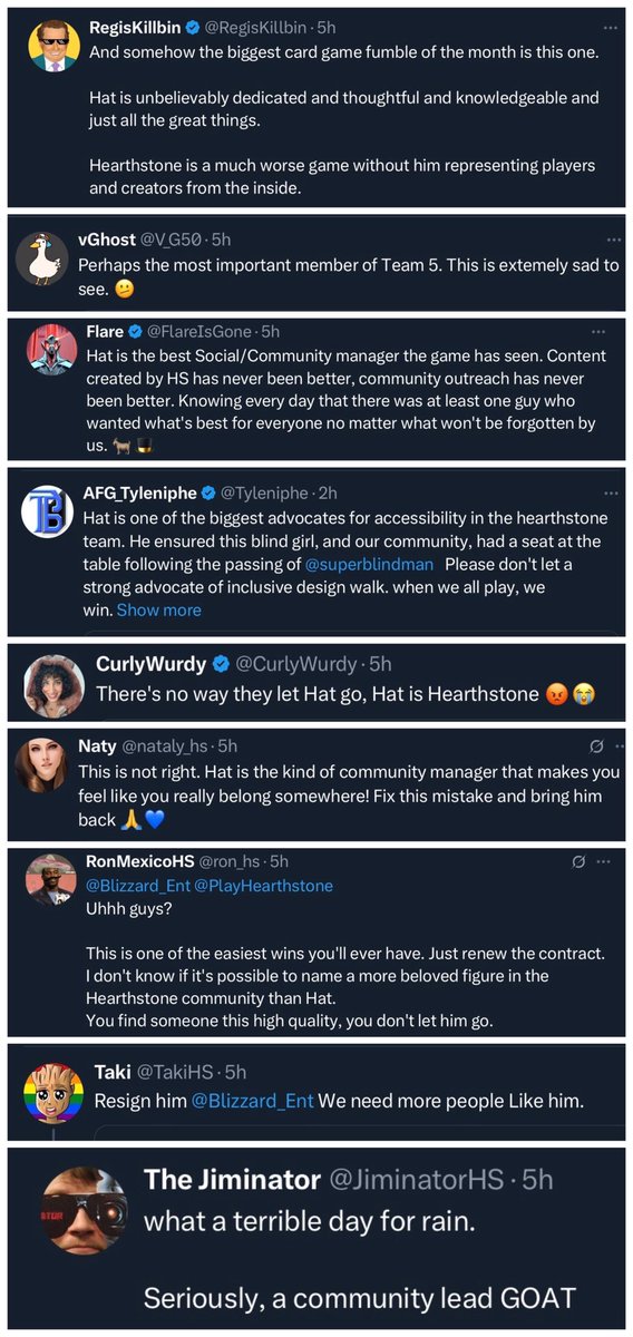 Some of the outpouring of support for <a href="/RidiculousHat/">Ridiculous Hat</a> We love Hat 🎩 💙 #hearthstone #BringBackHat 1/3 <a href="/PlayHearthstone/">Hearthstone</a> <a href="/Blizzard_Ent/">Blizzard Entertainment</a> <a href="/ATVI_AB/">Activision Blizzard</a> @xbox