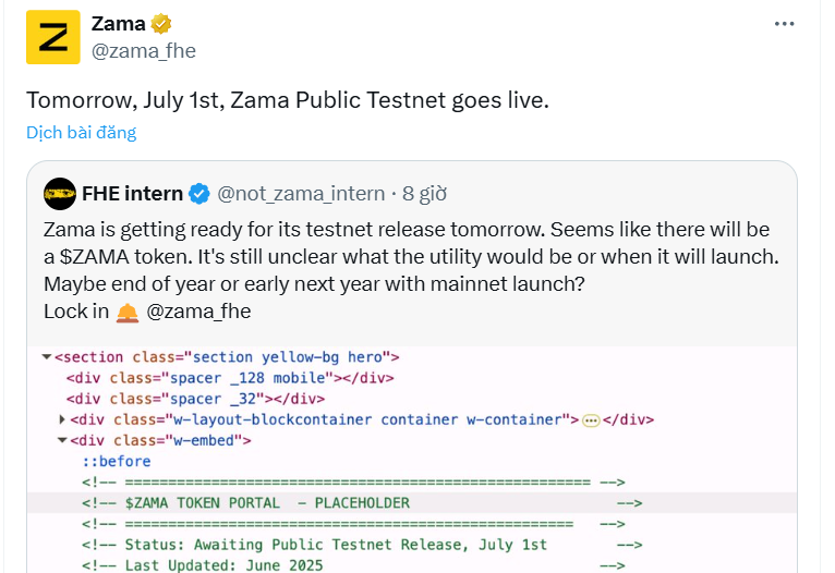 MartinHo99999's tweet photo. 🔥 Hôm nay @zama_fhe chính thức ra mắt Public Testnet.

✅@zama_fhe là một công ty mật mã nguồn mở, chuyên về các giải pháp Mã hóa đồng hình hoàn toàn (FHE) tiên tiến nhất cho blockchain và AI.
✅@zama_fhe raised 130M$, backer: Pantera, Multicoin. (tier 1)

✅Join waitlist sớm:
https://t.co/mXMKuo54qH

🔐 Kỷ nguyên mới của Fully Homomorphic Encryption (FHE) đang bắt đầu.

Cùng khám phá tương lai của bảo mật dữ liệu on-chain.
#Zama #FHE #Crypto #TestnetLive