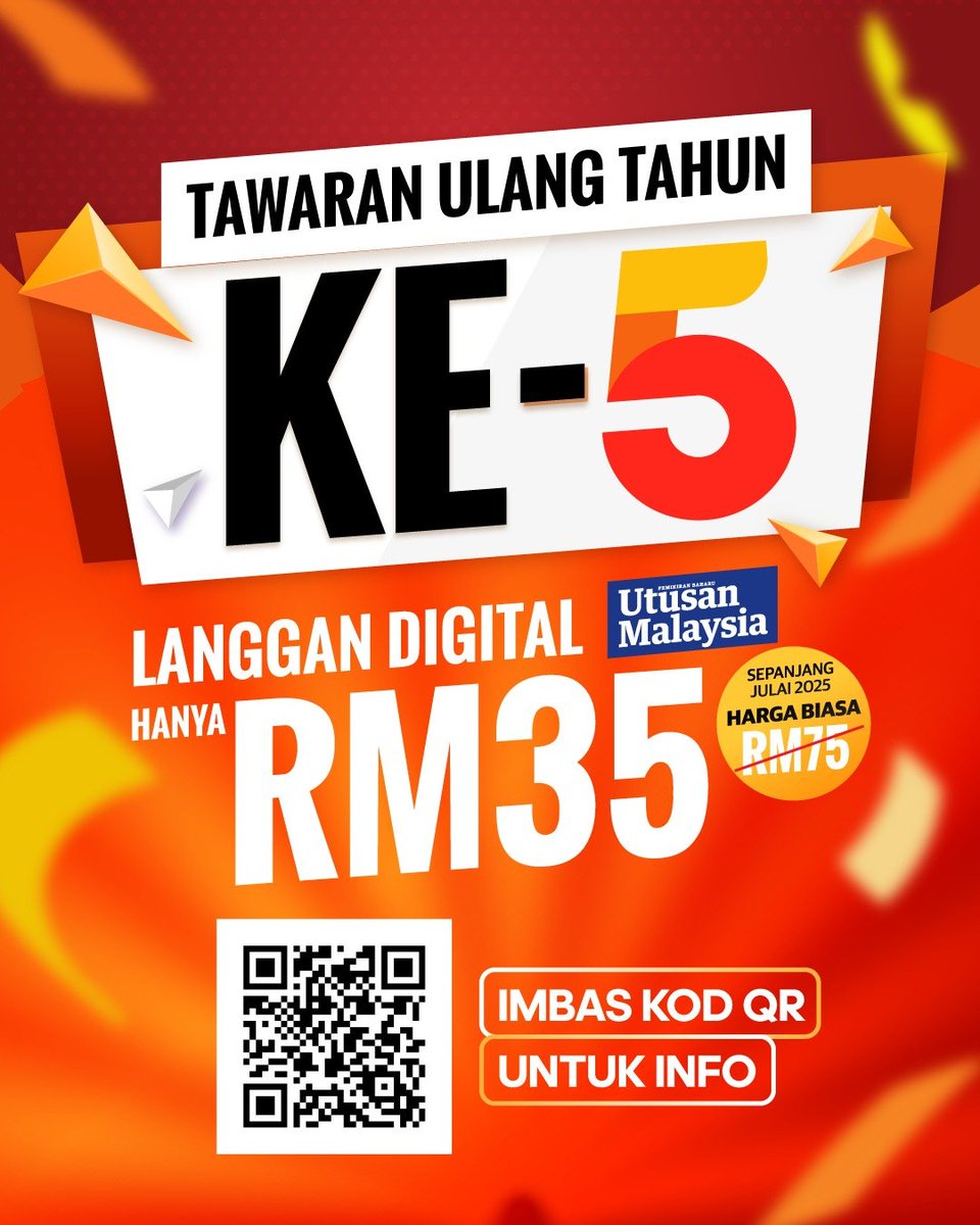 UMonline's tweet photo. Sempena 5 tahun bersama Media Mulia, langganan digital Utusan Malaysia kini hanya RM35 setahun sebagai tanda penghargaan kepada para pembaca setia.
Langgan sekarang: https://t.co/pFWbkeHcCi
#UtusanMalaysia #MediaMulia #5TahunBersama #LanggananDigital #RM35Setahun https://t.co/xfmA9vOwSV