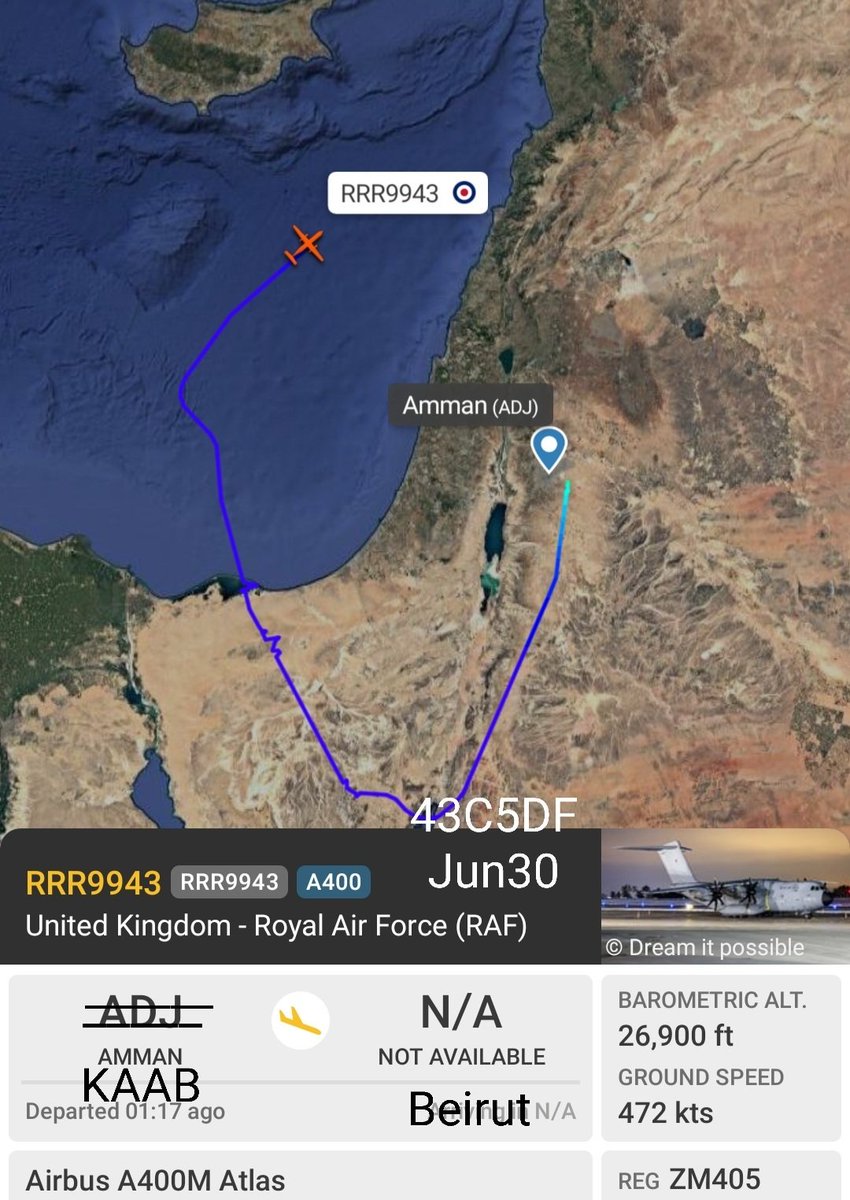 LebanonJets's tweet photo. #UnitedKingdom #UKRAF A400 #ZM405 #43C5DF Monday evening left Akrotiri to King Abdullah II Air Base (KAAB) then into Beirut & back to Akrotiri callsign ASCOT #RRR9943 https://t.co/bJ0PytE49p
