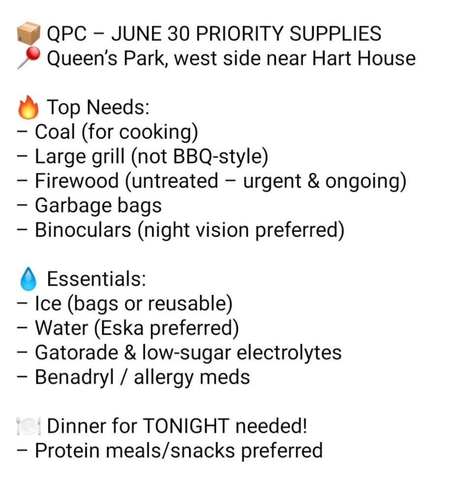 #KillBill5 Resistance Camp supply needs | North side of Queen’s Park, near Hart House

Donations:
K_llb_ll5@proton.me
Use password: killbill5 

To coordinate supply runs, meal drop-offs, or offer support:
K_llb_ll5@proton.me

For questions:
ripplecommunitycollective@gmail.com