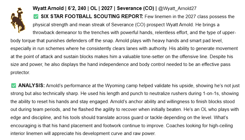 Thank You for the write up from <a href="/sixstarfootball/">Six Star Football | PLUS+</a> for the June 14 <a href="/wyo_football/">Wyoming Cowboy Football</a> camp.  <a href="/CoachTripodi/">Coach Tripodi</a> <a href="/CoachM_Schultz/">Mason Schultz</a> 
<a href="/SilverKnightsFB/">Silver Knights Football</a>