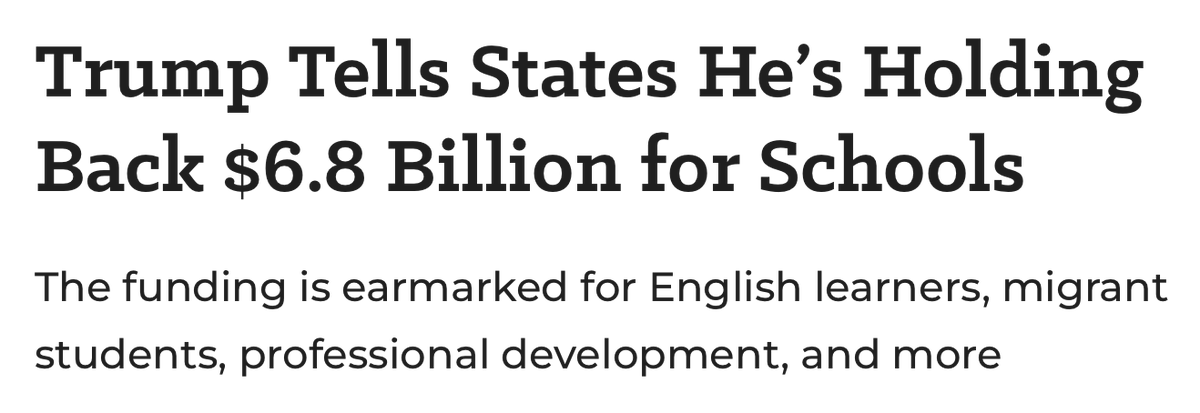 States won't receive any money from the following programs:

• Title I-C for migrant education ($375M)
• Title II-A for PD ($2.2B)
• Title III-A for EL services ($890M)
• Title IV-A for academic enrichment ($1.3B)
• Title IV-B for before- &amp; after-school programs ($1.4B)