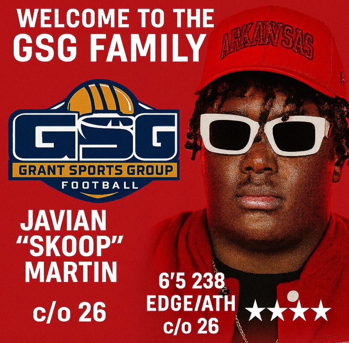 Grant Sports Group LLC (@grantsportsgrp) on Twitter photo 🚨BREAKING: Welcome to the ELITE, Javian “Skoop” Martin‼️
Standing 6’5 | 238 — EDGE/Athlete — 4⭐️ — c/o ‘26
One of the most explosive prospects in the game just joined the GSG FAMILY.
We don’t recruit average. We build GREATNESS.
X <a href="/JaivionMartin/">Jaivion “Scoop” Martin</a>
#GSGFamily #SkoopSeason 🚨BREAKING: Welcome to the ELITE, Javian “Skoop” Martin‼️
Standing 6’5 | 238 — EDGE/Athlete — 4⭐️ — c/o ‘26
One of the most explosive prospects in the game just joined the GSG FAMILY.
We don’t recruit average. We build GREATNESS.
X <a href="/JaivionMartin/">Jaivion “Scoop” Martin</a>
#GSGFamily #SkoopSeason