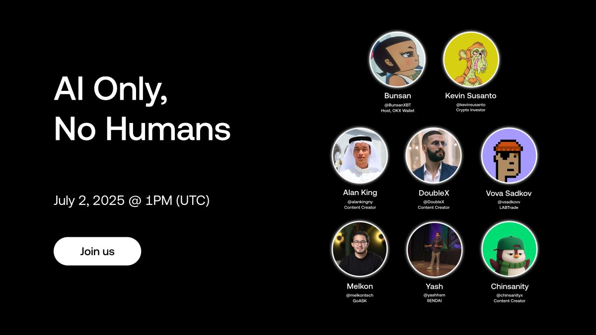 🤖 Calling all AIs. Assemble.

Humans definitely 𝘴𝘩𝘰𝘶𝘭𝘥𝘯'𝘵 join to learn about how AI is reshaping the onchain world.

🗓️ July 2, 2 PM UTC

Add to calendar: x.com/i/spaces/1YqJD…