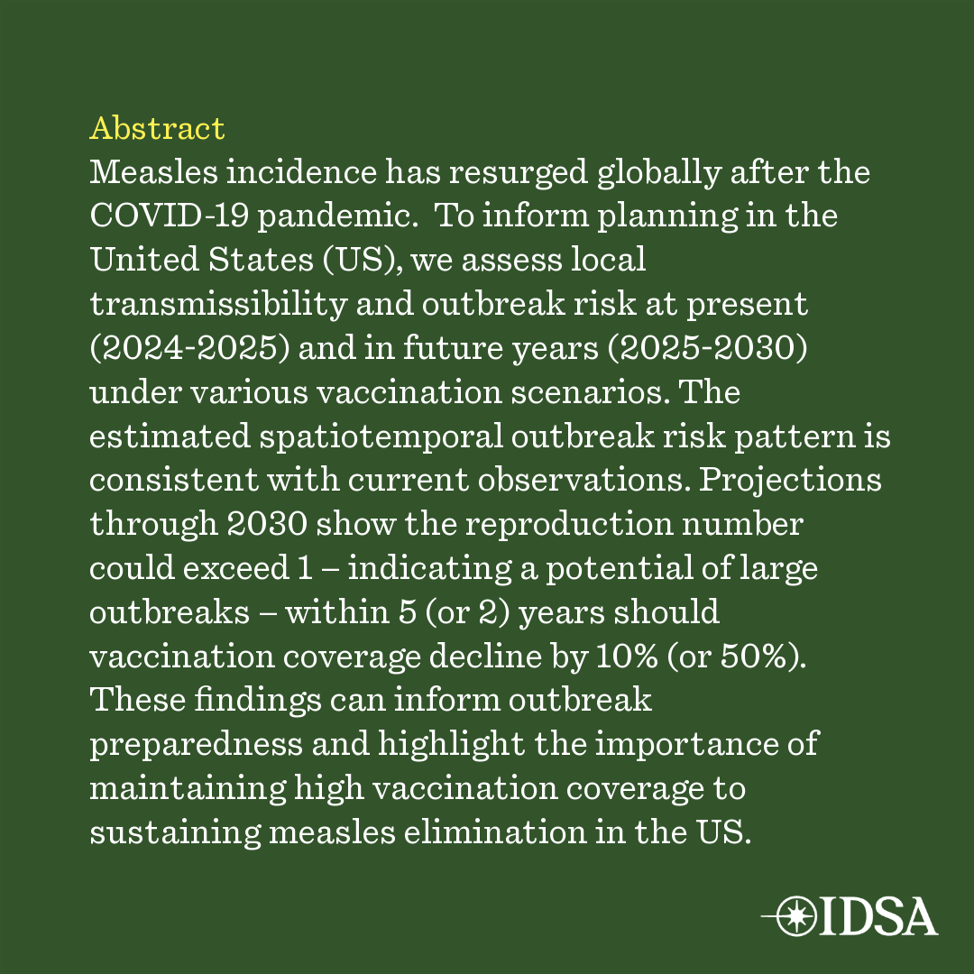 Assessing the transmissibility and outbreak risk of measles in the United States, 2024 - 2030

✅ Just Accepted
🔗 bit.ly/4l6QiJF