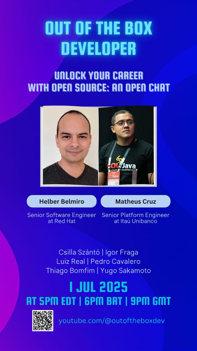 lgsreal's tweet image. 🎙️ Out of the Box Developer: Unlock Your Career with Open Source!
I’ll be talking with Helber Belmiro &amp;amp; Matheus Cruz about skills, careers &amp;amp; how open source can boost your growth! 📅 Tue 1.7 | 6PM BRT #OotBD #OpenSource #DevCareers