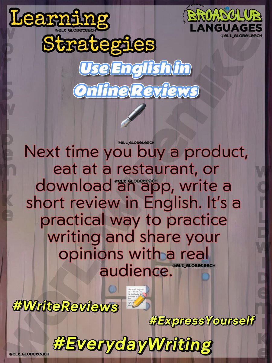 ELT_GlobeTeach's tweet photo. 📝 Turn every purchase into a writing opportunity! Leave your mark in English every time you review. Practice while you share your voice with the world.
#PracticalEnglish #WriteToLearn #LanguageTips #ReviewCulture https://t.co/9ngDqyx9VQ
