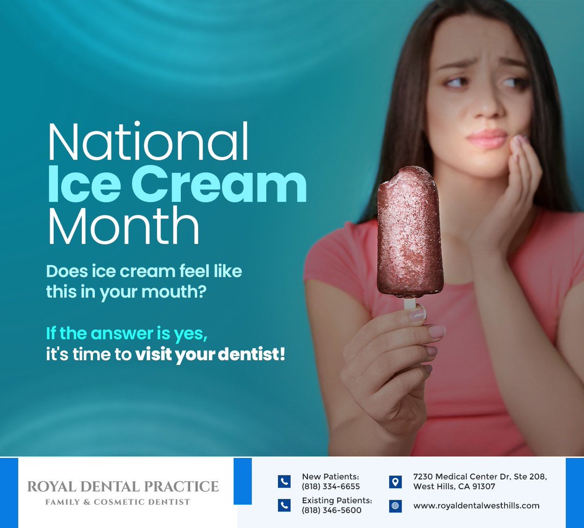 RoyalDentalWH's tweet image. Worn-down enamel and gum disease can result in sensitive teeth. It's time to visit your dentist if cold food and beverages cause tooth pain and sensitivity. Schedule a visit at royaldentalwesthills.com #sensitiveteeth #toothpain #drroyashoffet #royaldentalwesthills #CA