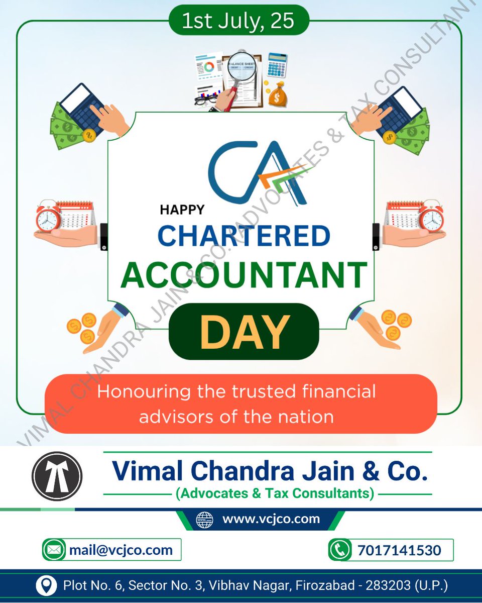 vcj_co's tweet photo. Happy CA Day!
#CADay #CharteredAccountant #ProudToBeCA #CADayCelebration #FinanceExperts #CAProfession #ICAI #BackboneOfEconomy #CABrilliance #CABusinessLeaders #vcjco #firozabad #agra #shikohabad #itr #incometaxreturn #refund #gst #gstr #itr #tax #gstregistration #incometax https://t.co/lj8cRtHoT4