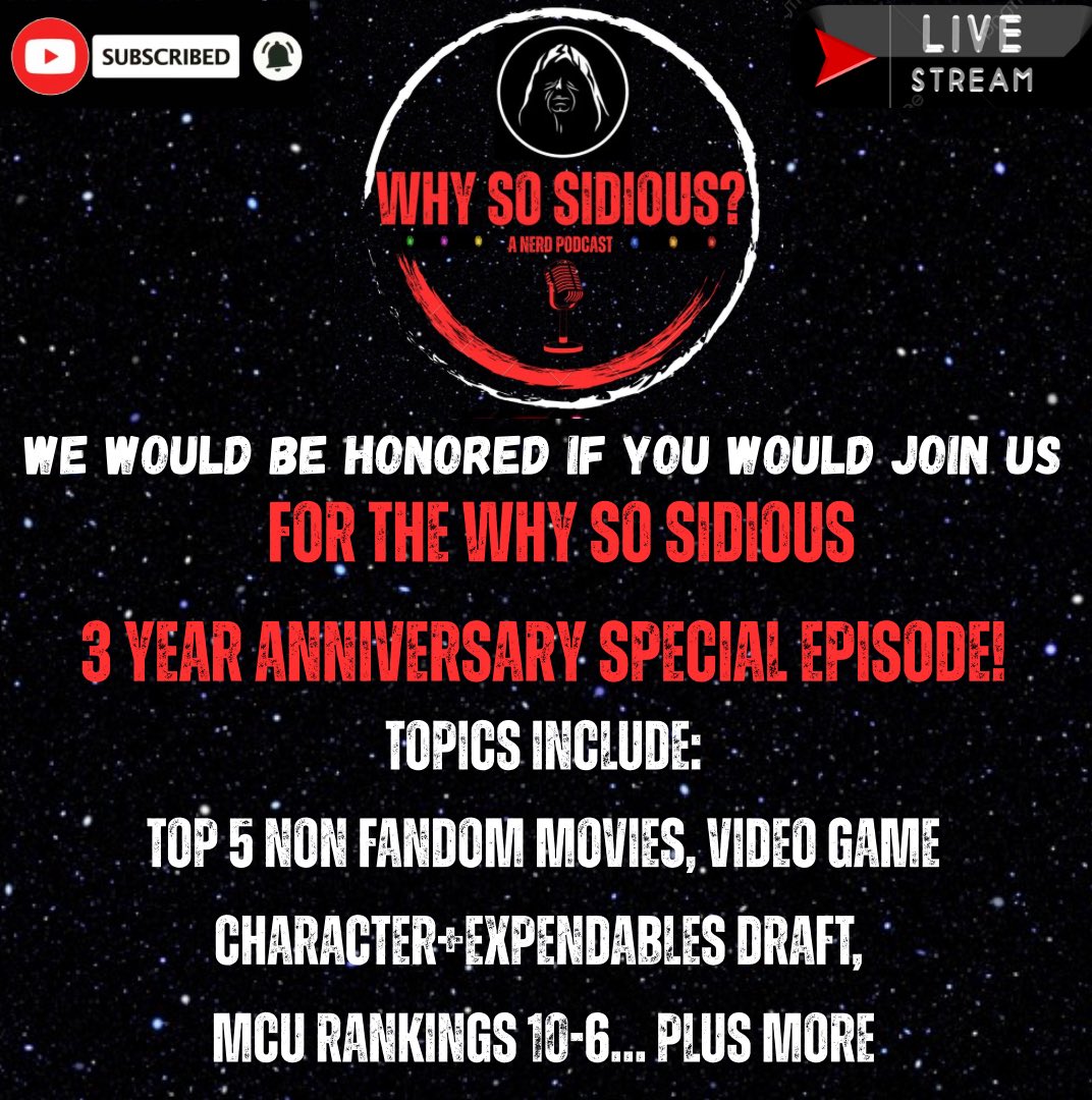 whysosidiouspod's tweet photo. 🎉We’re 3 Years in here at Why So Sidious! To celebrate the pod’s anniversary, we’re bringing the heat with:

🎬 Top 5 Non-Fandom Movies
🎮 Video Game Character Draft
💥 Expendables Recast
🦸 MCU Rankings: #10–6
Plus more!

Live on YouTube Wednesday at 7pm PST https://t.co/nRwB5Cf6lE